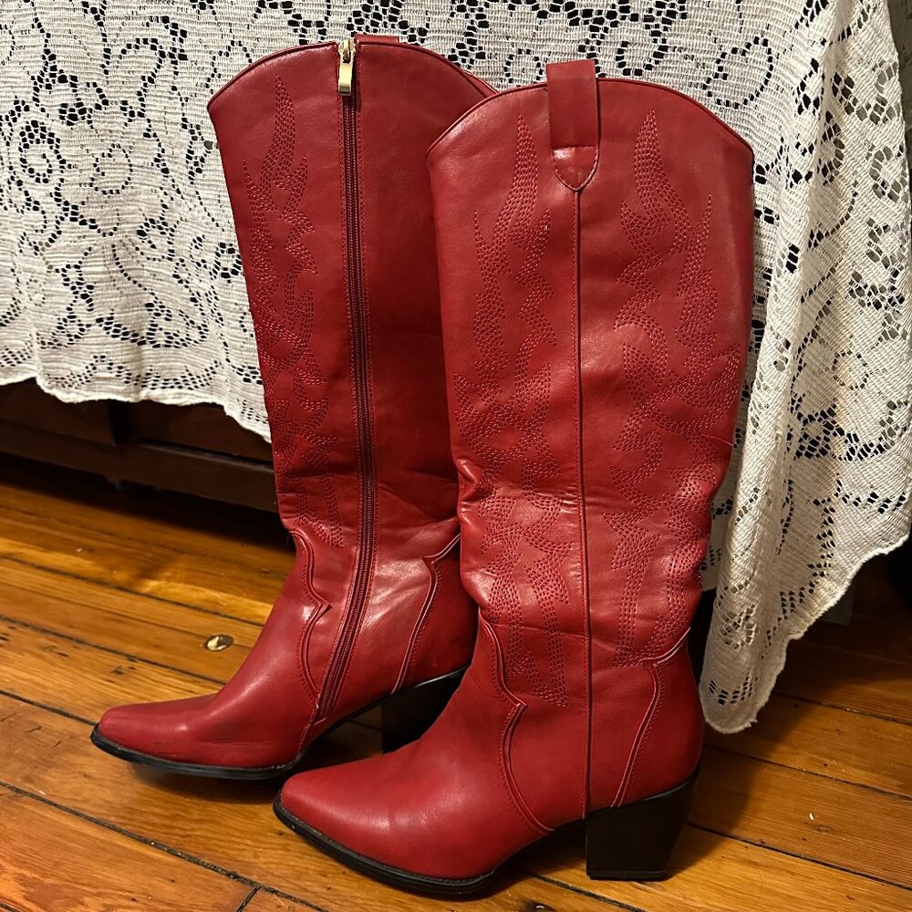 Knee High Cherry Red Cowboy Boots Soft Leather 9.5